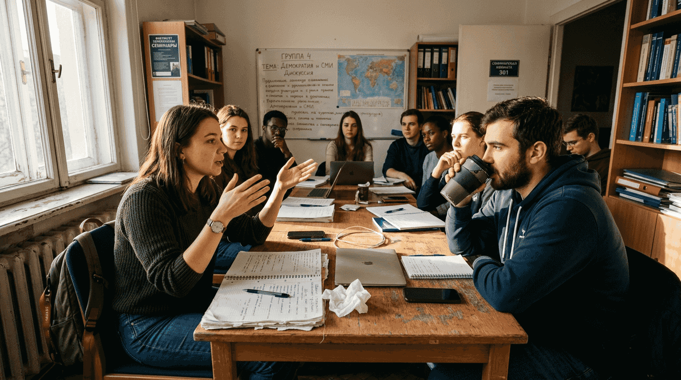 Студенты активно обсуждают материал на семинаре.