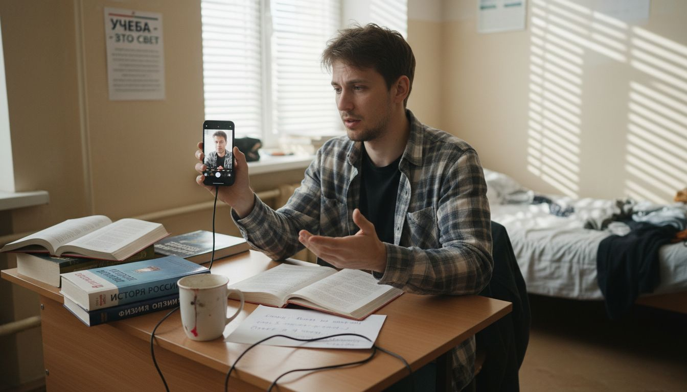 Студент готовится к собеседованию: листает книги и просматривает информацию на телефоне.