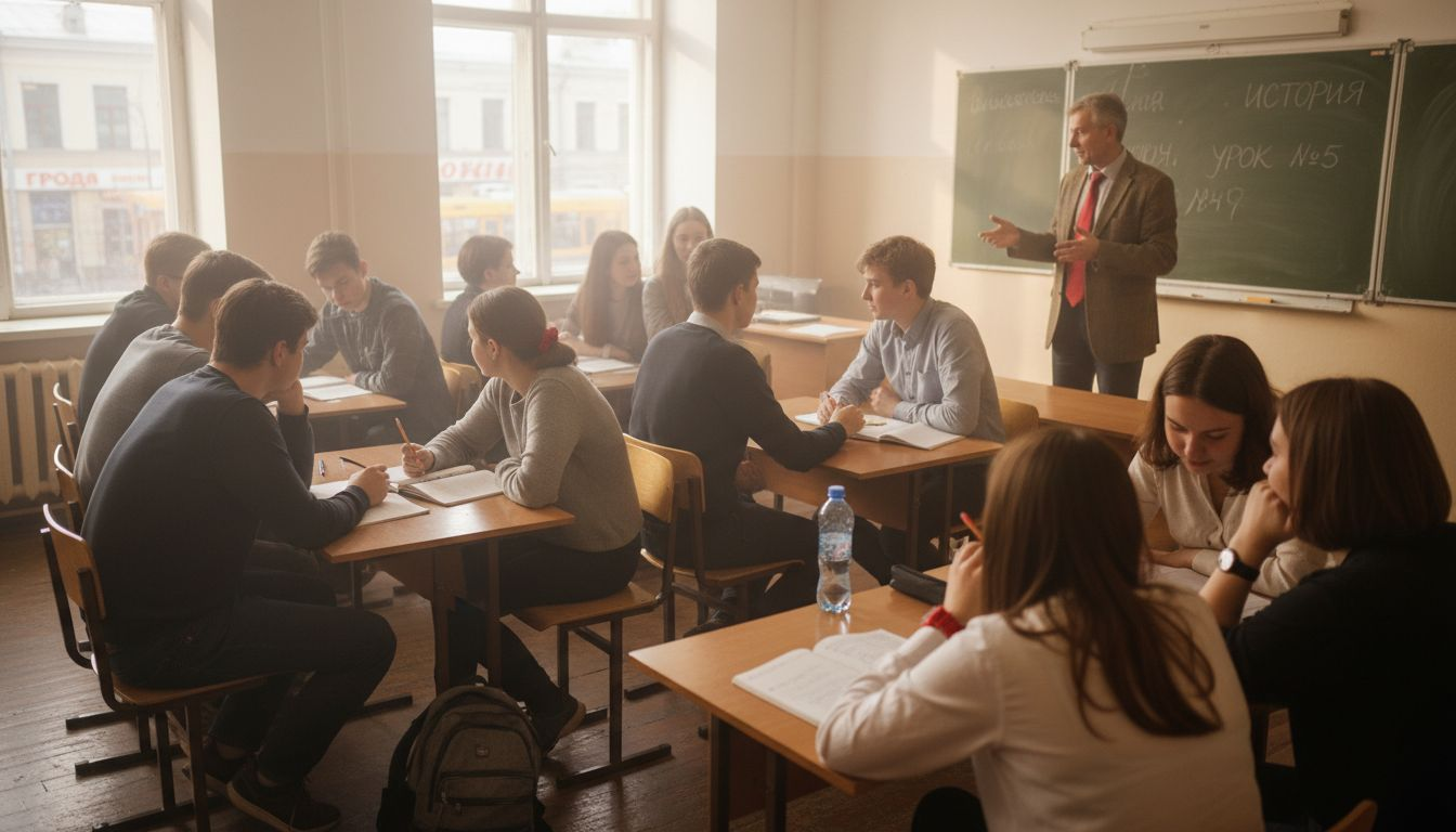 В немецком классе идет оживлённая беседа между учителем и учениками.