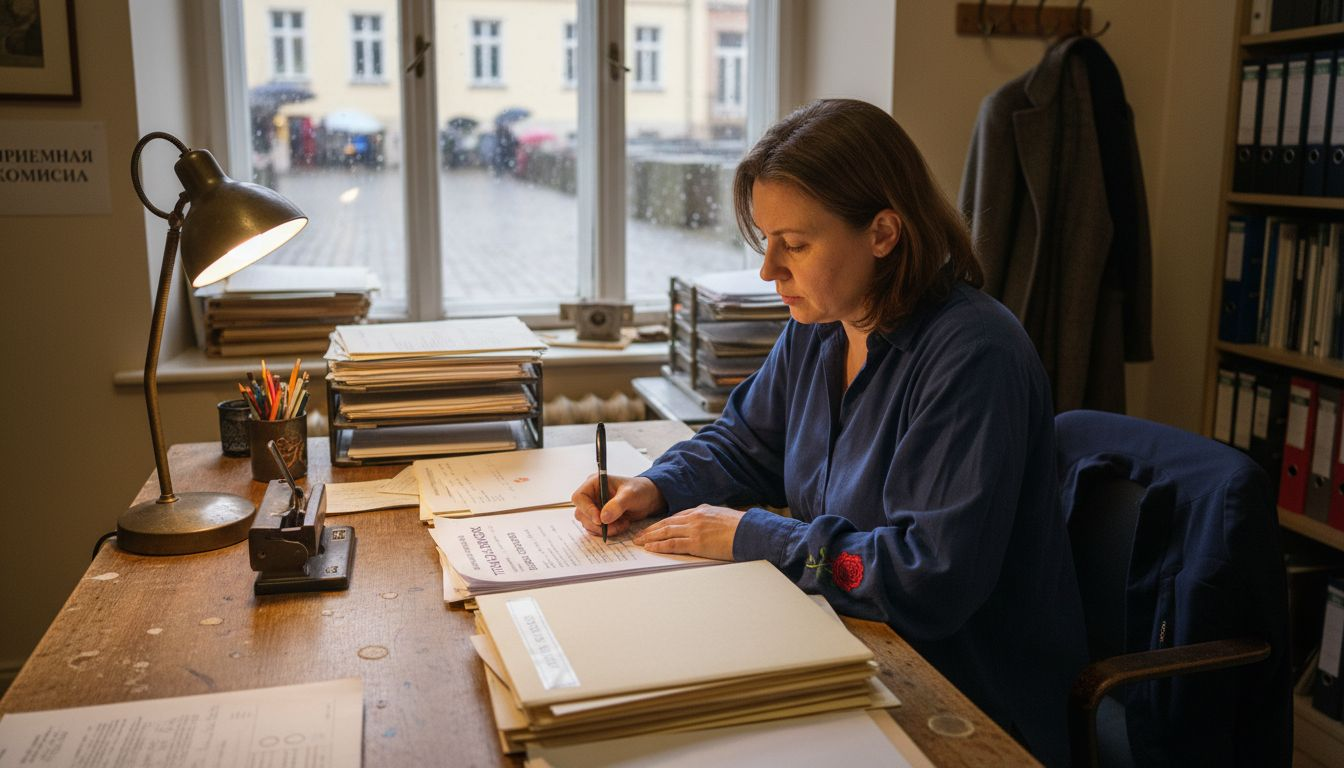 Сотрудник приёмной комиссии внимательно изучает документы с оценками абитуриента.