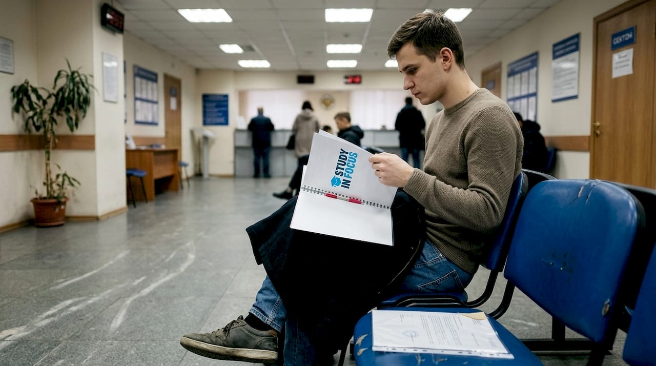 Студент с документами на визу в руках ожидает приёма в консульстве.