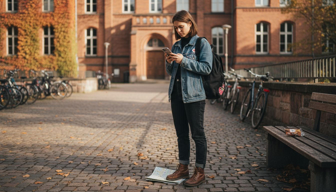 Студент на немецком кампусе строит планы на будущее и думает о своей профессиональной карьере.
