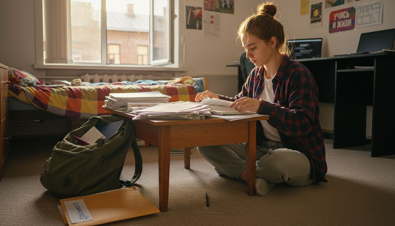 Студент наводит порядок в документах, связанных с проживанием в общежитии.