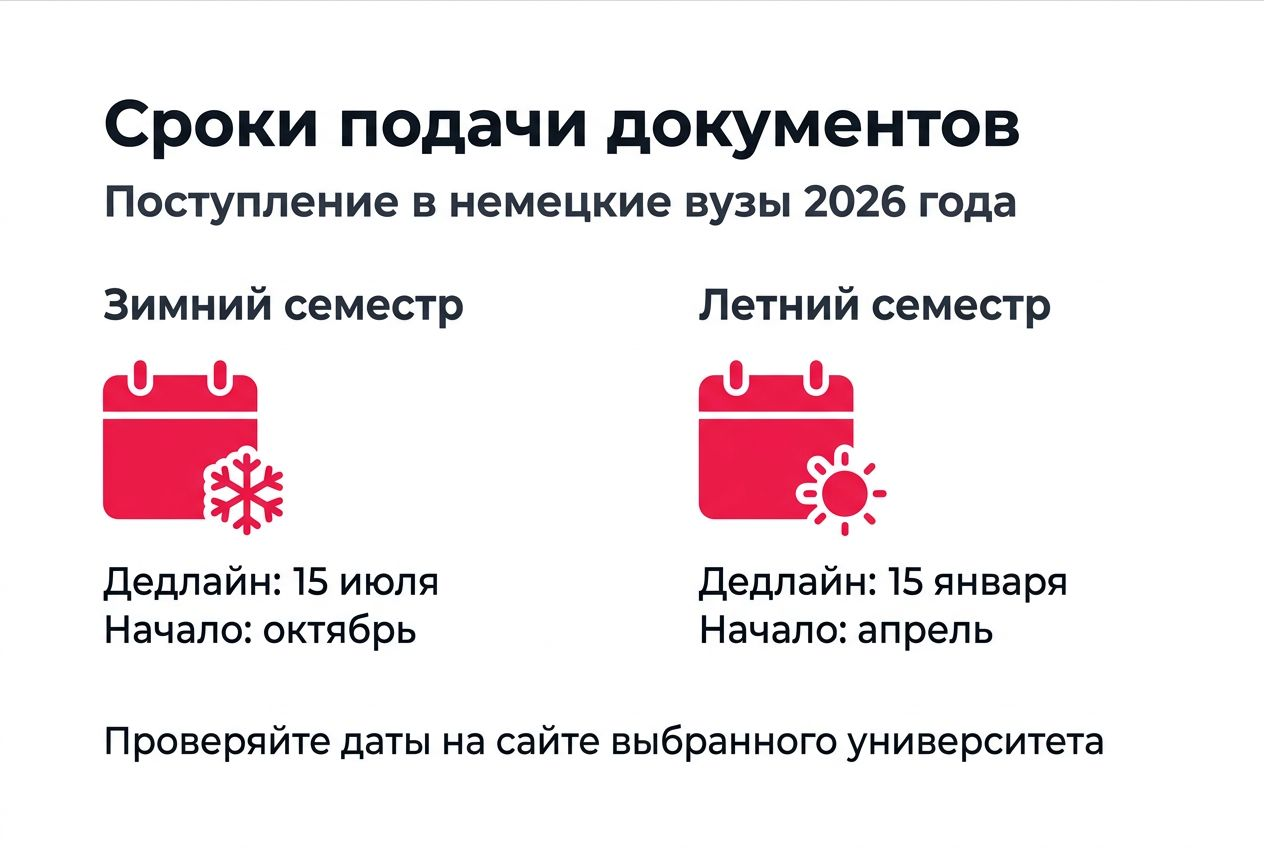 Инфографика со сроками подачи документов в университеты Германии