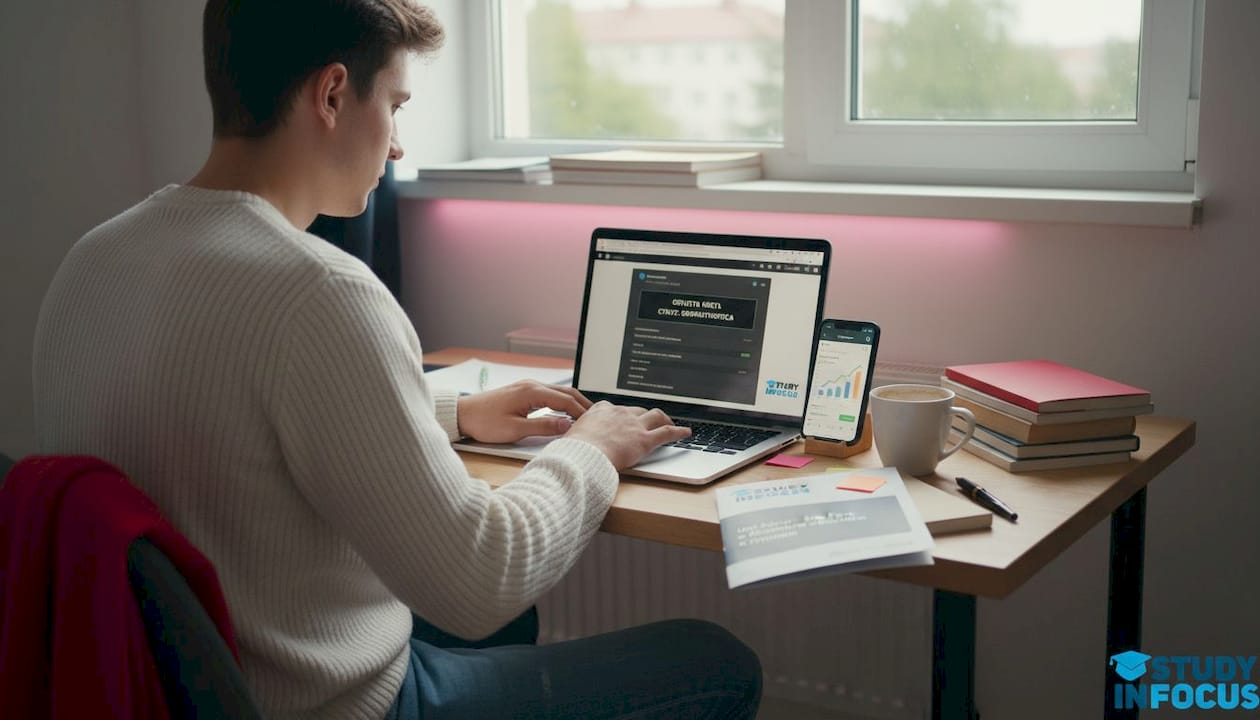 Студент сидит дома за ноутбуком и оплачивает услуги Uni Assist.