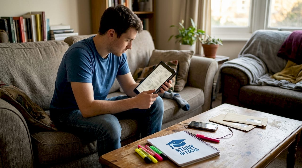 Мужчина просматривает документы заявки в формате PDF на планшете