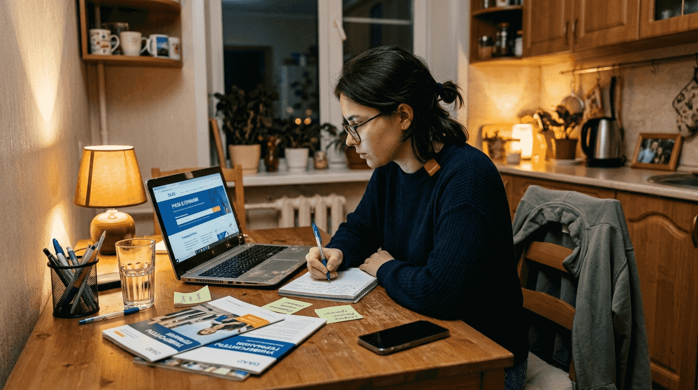 Студент сидит дома и подбирает для себя немецкие университеты, изучая их программы и требования.