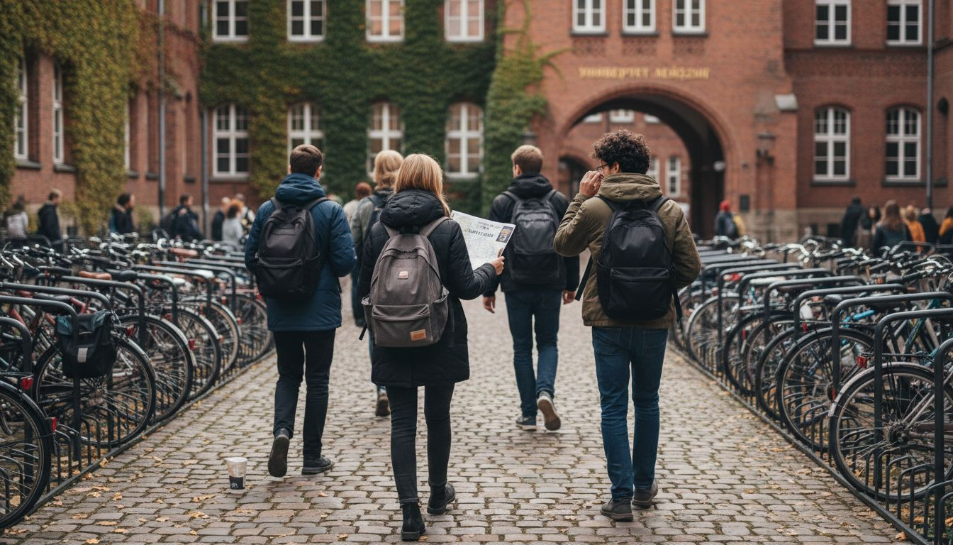 Во внутреннем дворе немецкого университета прогуливаются студенты.