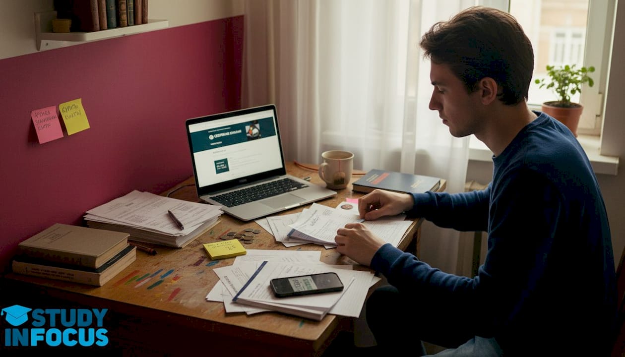 Студент сидит за домашним столом и разбирается с финансовыми вопросами по визе.