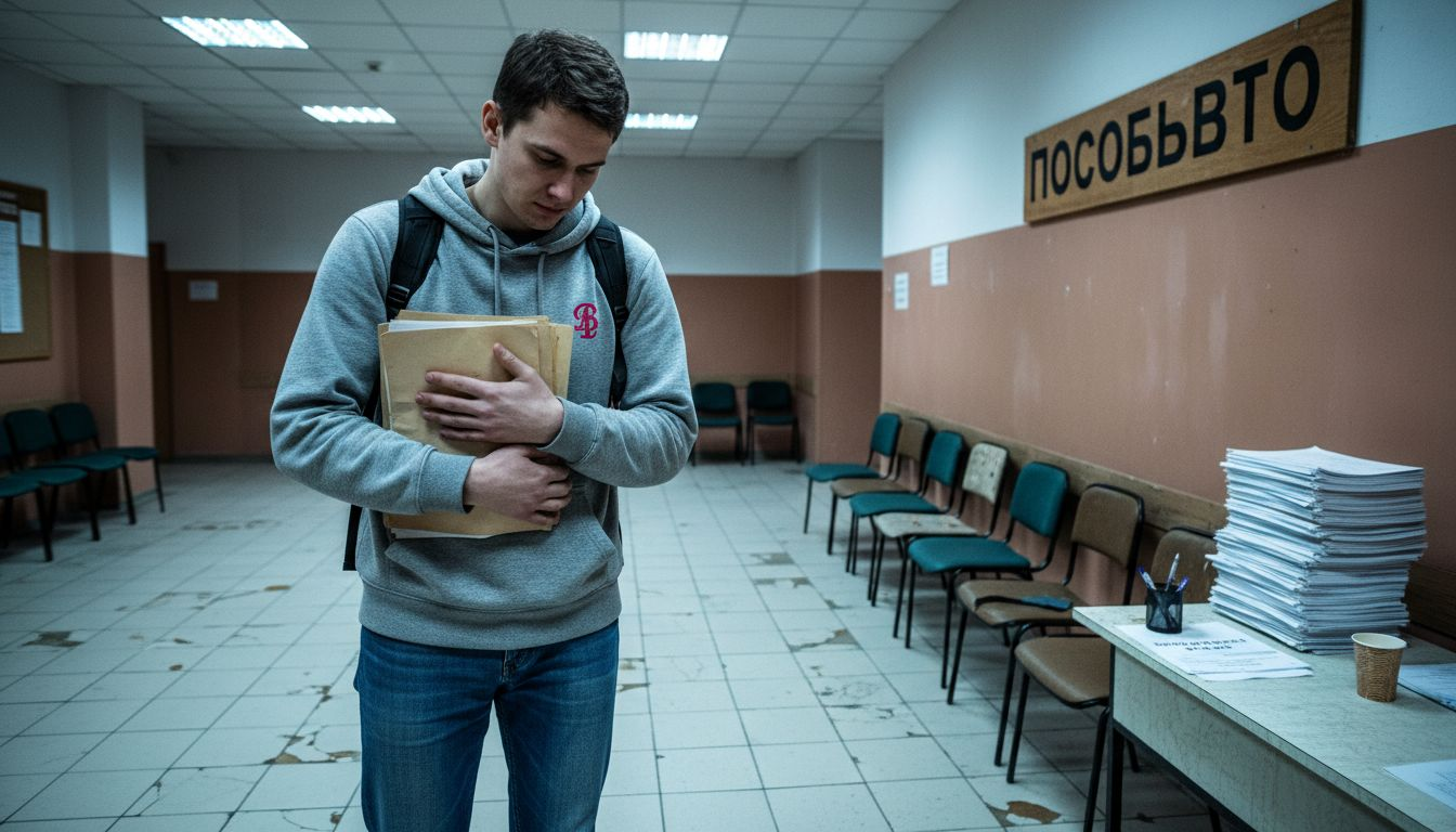 Студент сидит в консульстве в ожидании визы.