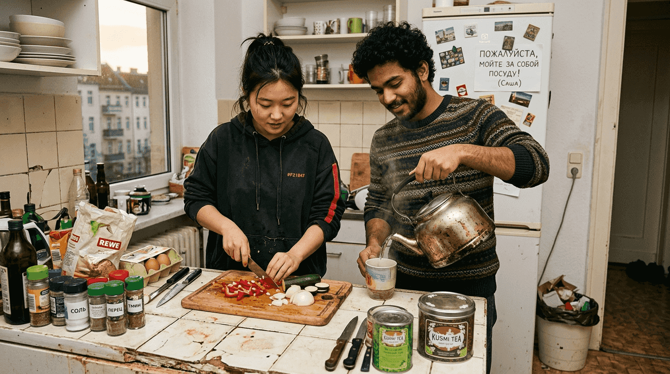 В берлинской коммунальной кухне студенты собираются вместе, чтобы готовить и общаться.