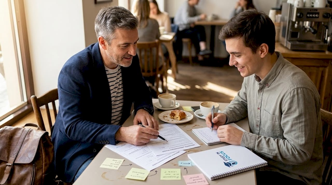 Куратор помогает студенту разобраться с оформлением документов для университета.