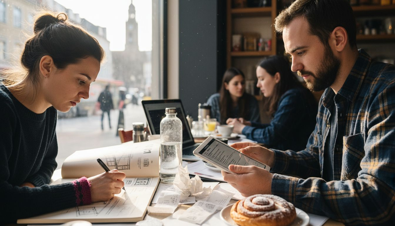 В одном из уютных немецких кафе за столиком собрались творческие люди, чтобы обсудить рабочие документы.