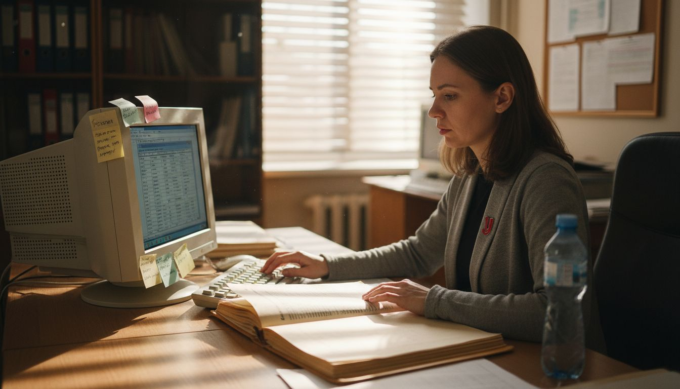 Сотрудник приёмной комиссии оформляет документы абитуриентов.