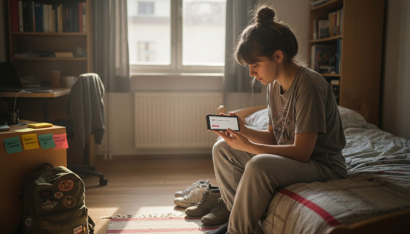 Студент сидит в общежитии и просматривает немецкие сайты по аренде жилья.