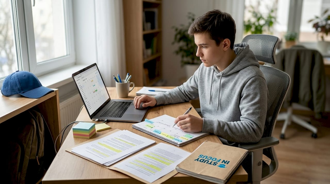 Студент разложил конспекты и учебники по всему полу в гостиной, чтобы подготовиться к экзамену.