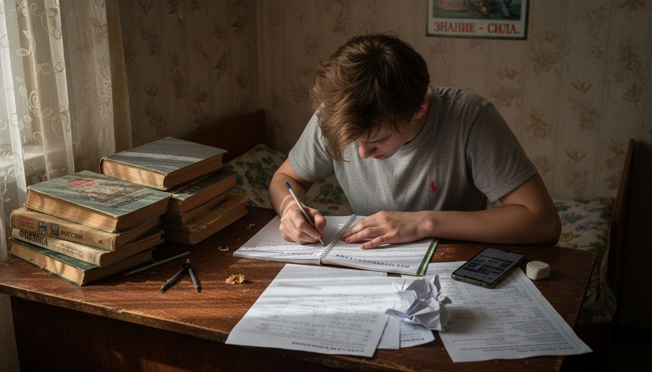 Подросток готовится к поступлению, сидя у себя в комнате.