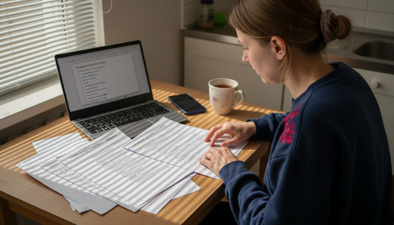 Женщина внимательно изучает документы для поступления в университет.