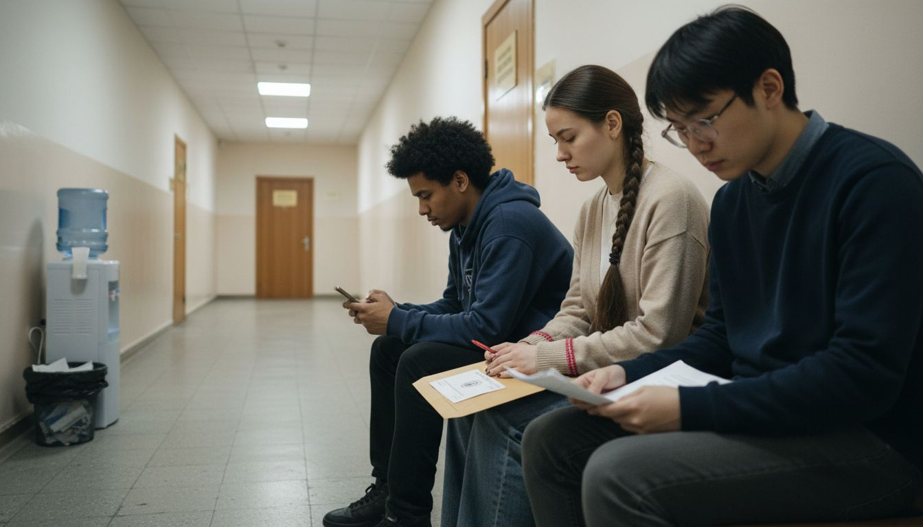 Студенты стоят в коридоре у двери деканата в ожидании своей очереди.