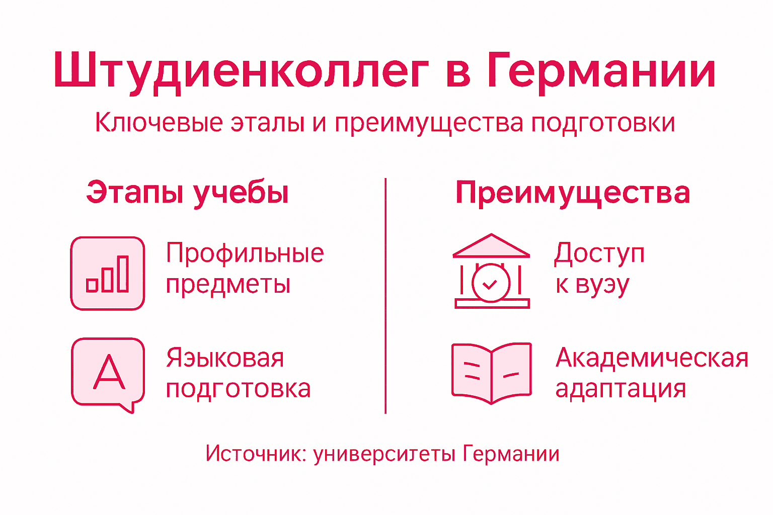 Инфографика: этапы обучения в Штудиенколлег и ключевые преимущества для абитуриентов