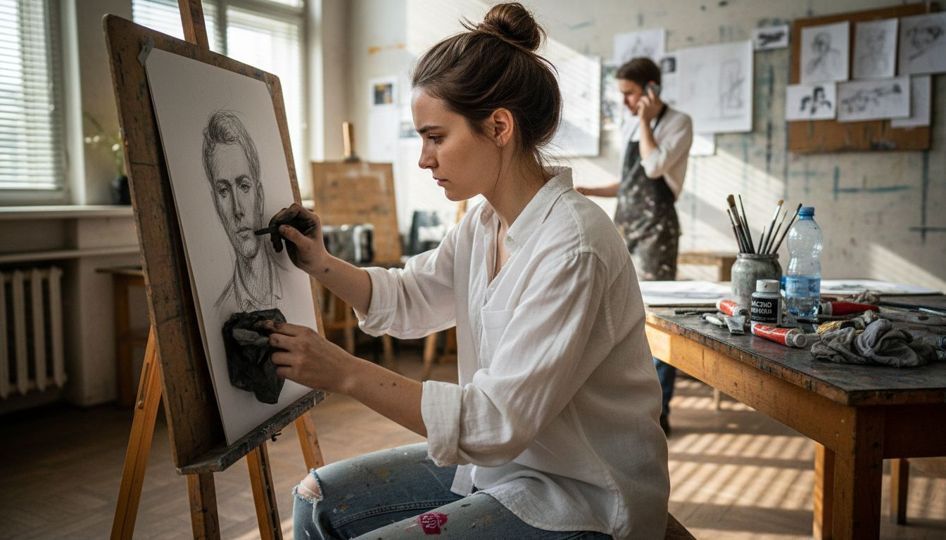 Девушка-студентка занимается живописью в художественной студии.