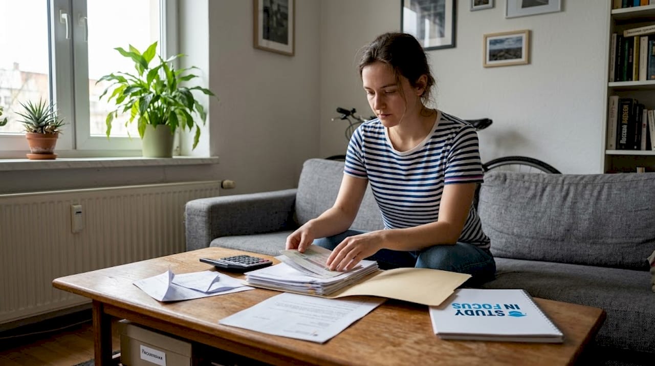 Женщина собирает документы для оформления немецкой визы и занимается финансовыми вопросами.