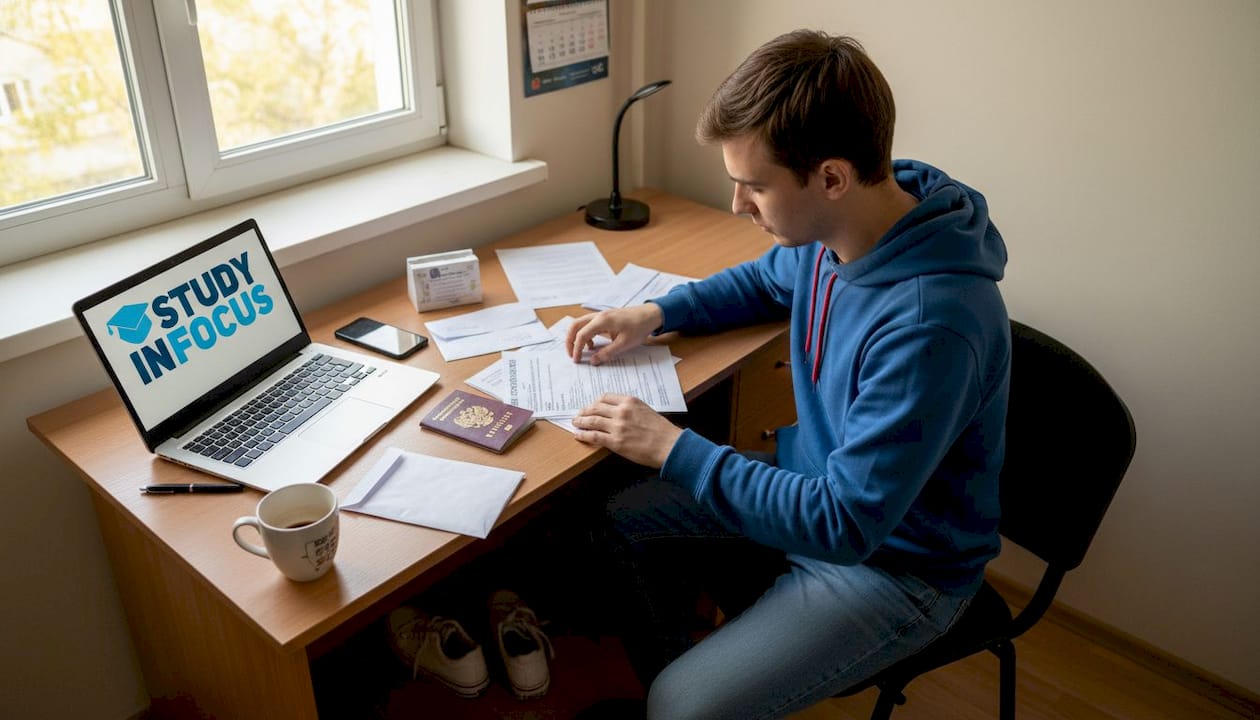 Студент занимается оформлением документов для переезда за границу.