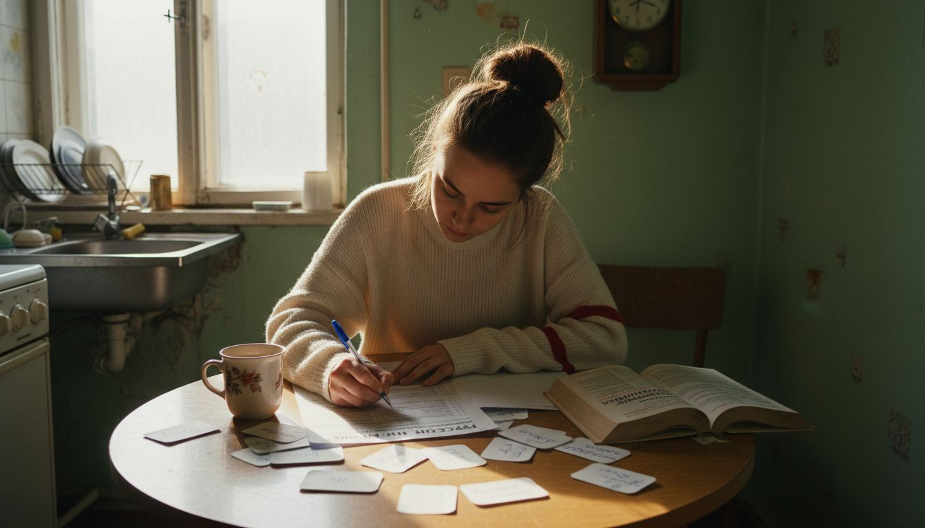 Студент готовится к экзамену по немецкому языку дома.