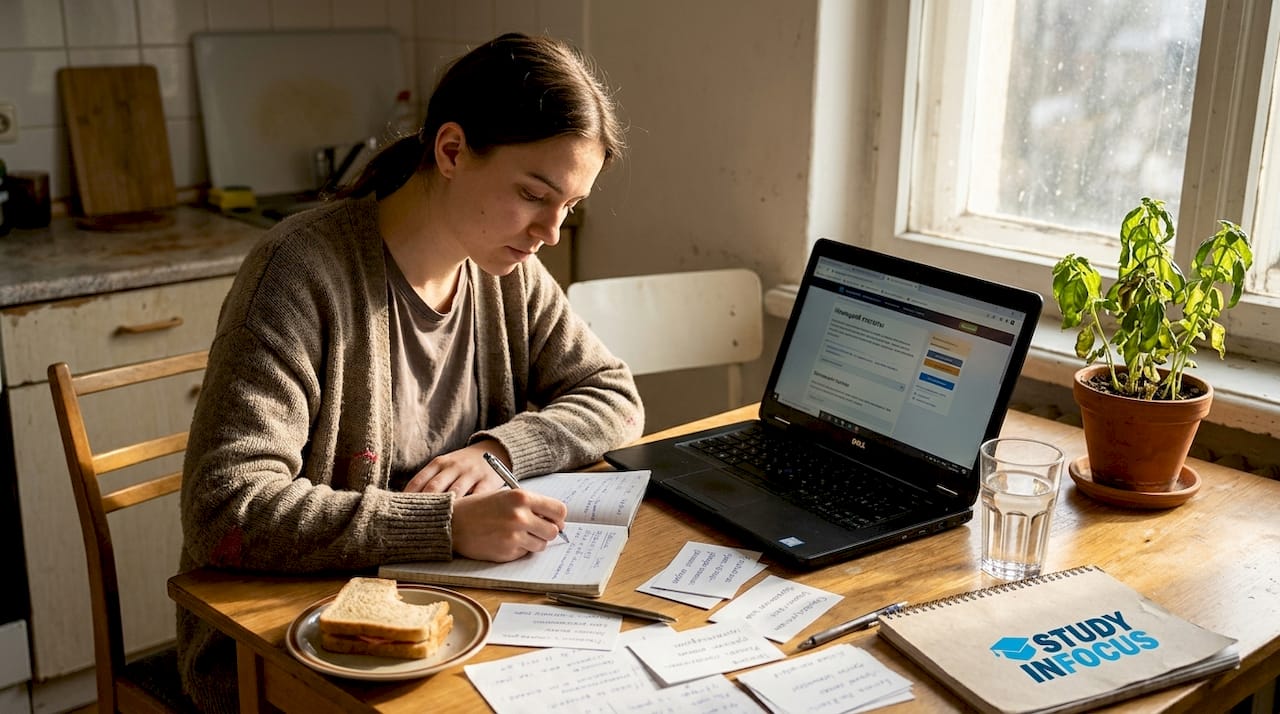 Студент занимается немецким языком за кухонным столом.