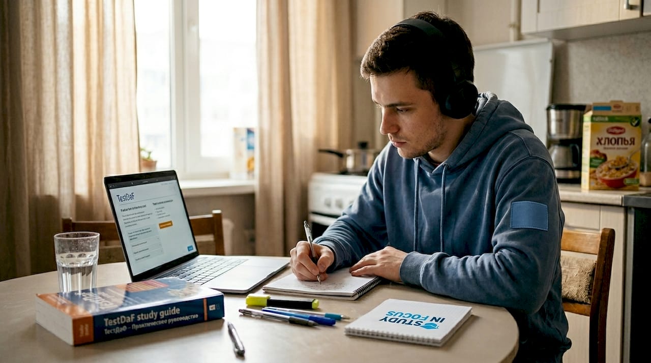 Студент готовится к сдаче экзамена на знание немецкого языка