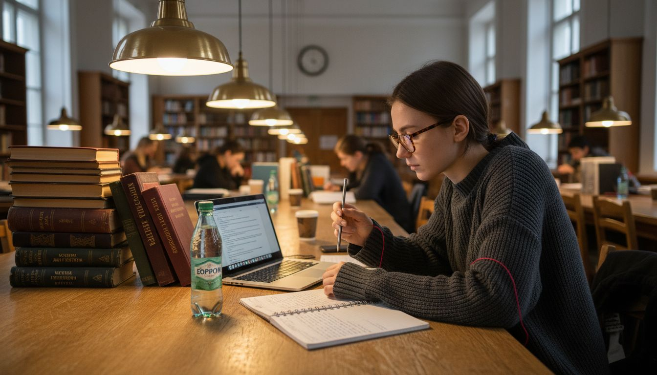 Студент занимается научной работой в библиотеке немецкого университета.