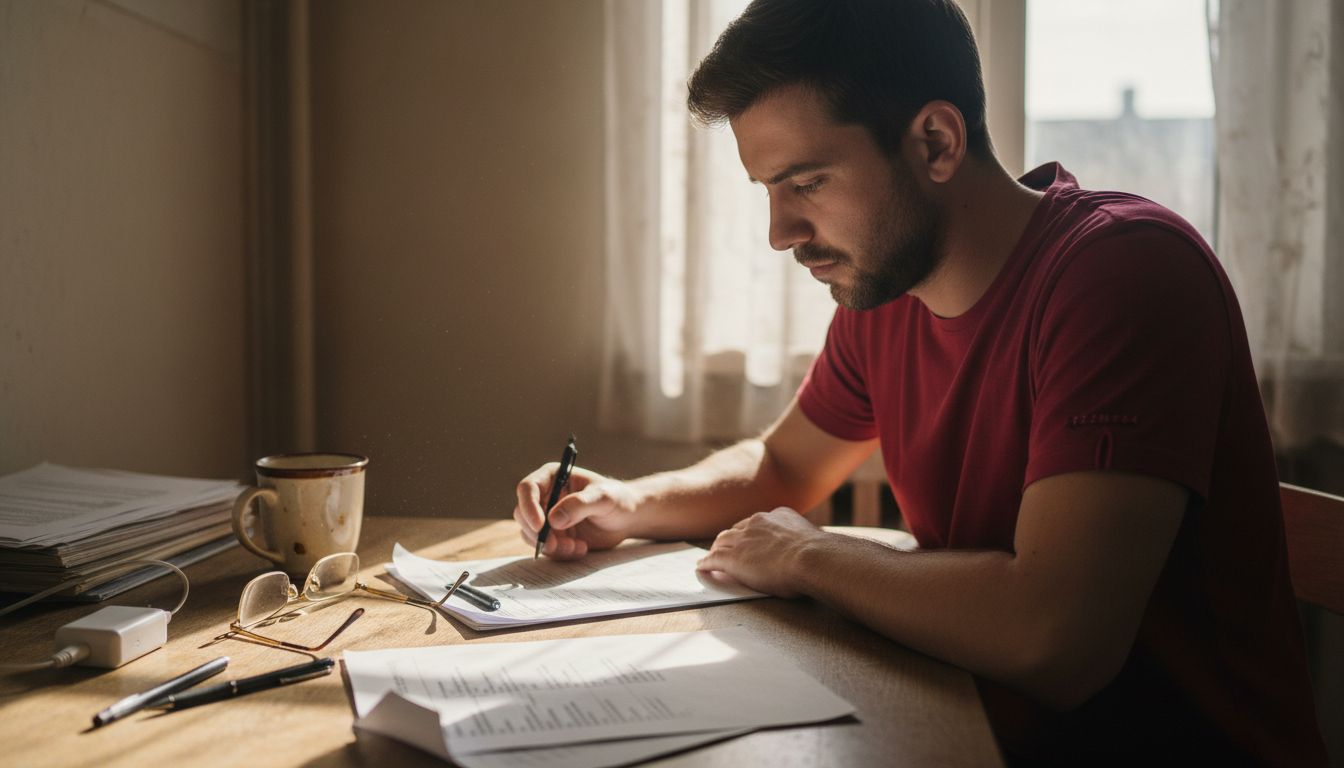 Man checking document checklist at kitchen table