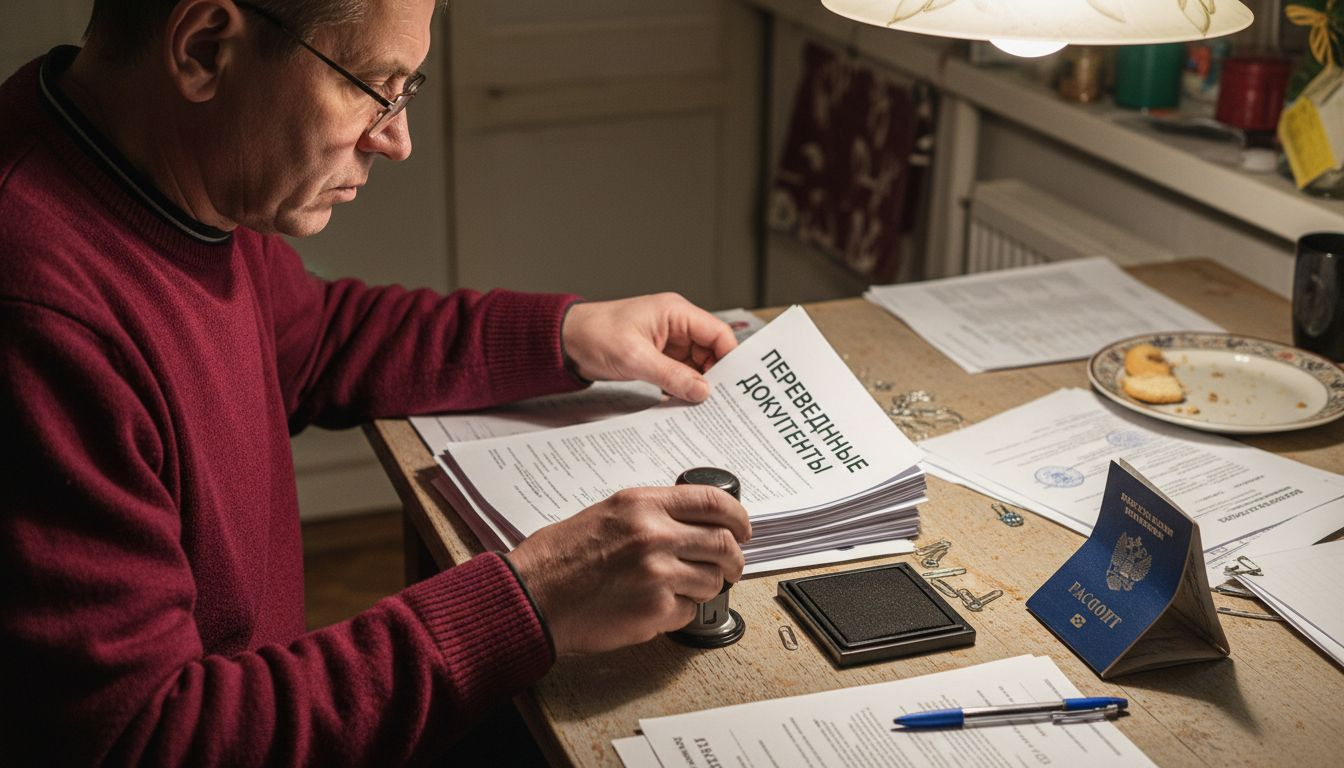 Сотрудник перебирает переведённые документы и ставит на них печати.