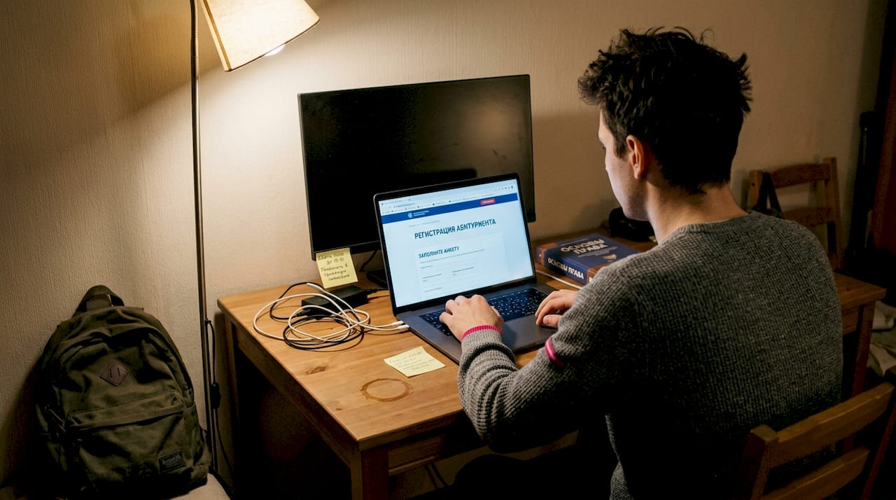 Молодой человек оформляет поступление в университет через интернет, сидя за рабочим столом.