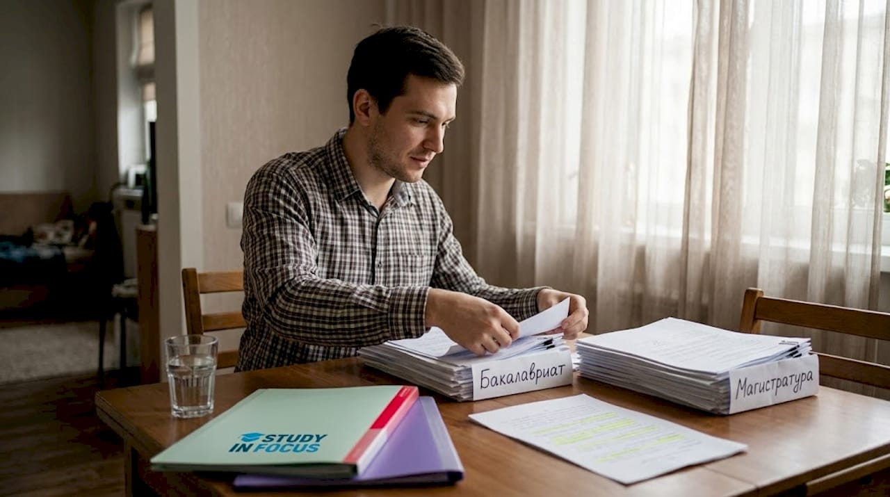 Поступающий разбирает и сортирует документы для бакалавриата и магистратуры.