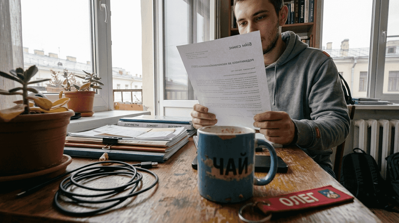 Студент проверяет письмо с подтверждением о блокированном счёте.