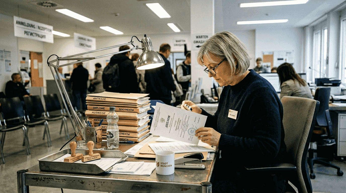 Сотрудник немецкого офиса проверяет диплом на подлинность.