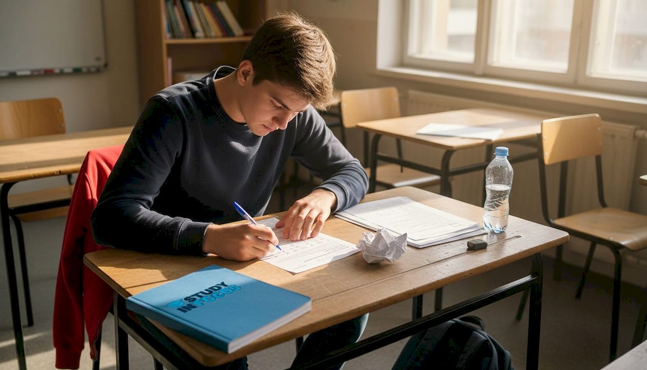 Студент сдаёт вступительный экзамен по немецкому языку, сидя за партой.