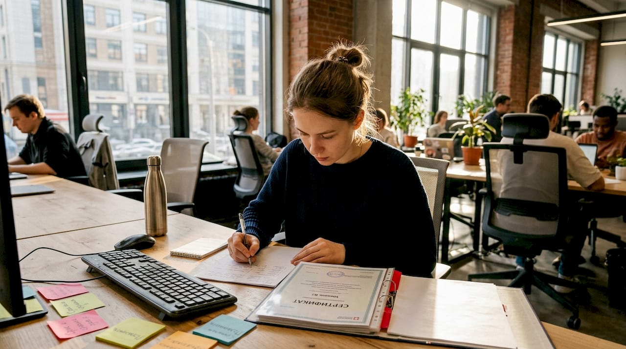 Женщина внимательно просматривает документы, подтверждающие знание языка.