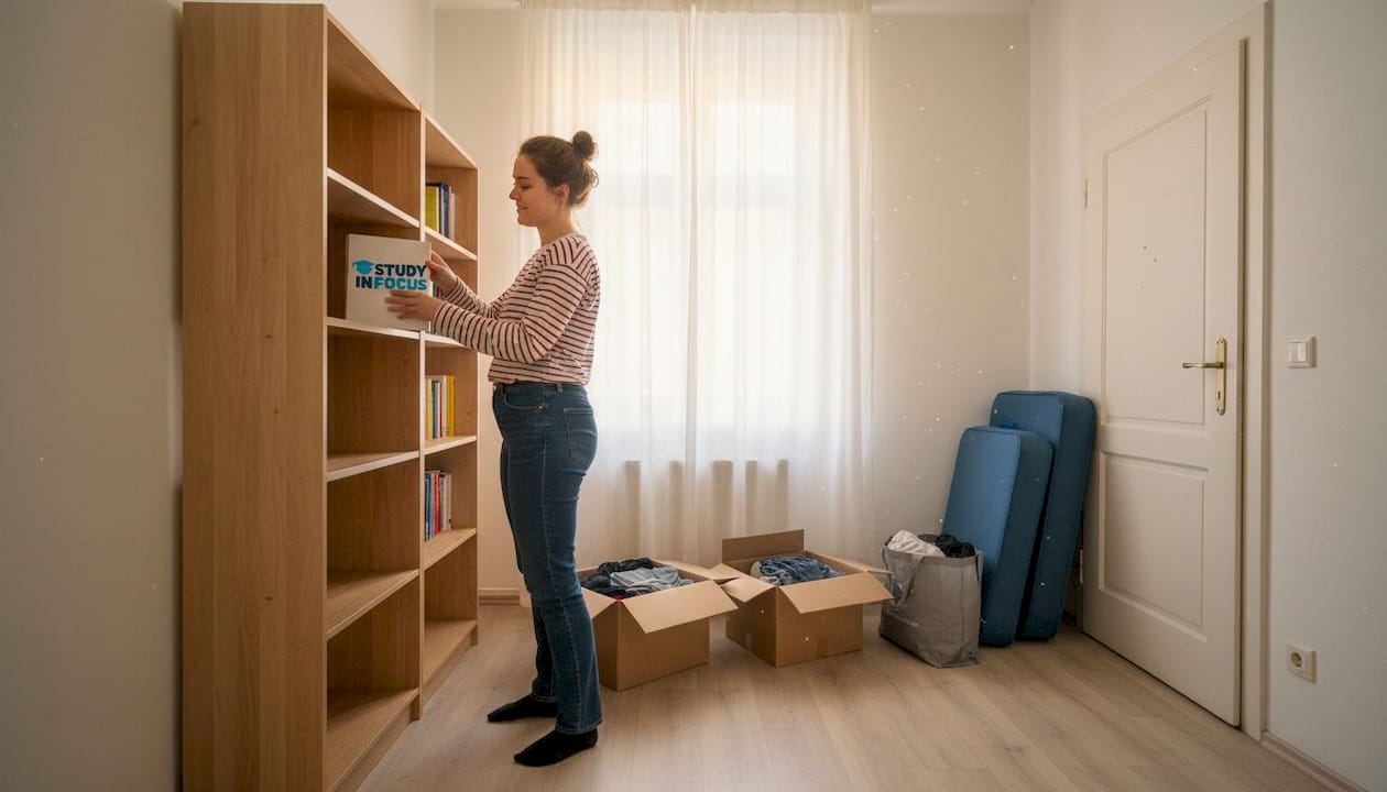 Студент разбирает свою книжную коллекцию у себя в квартире в Лейпциге.