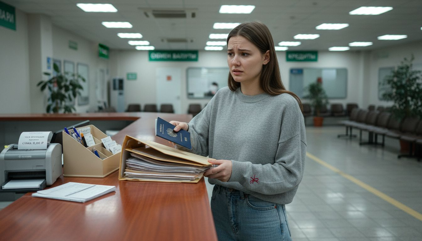 Девушка оформляет новый счет в банке Германии.