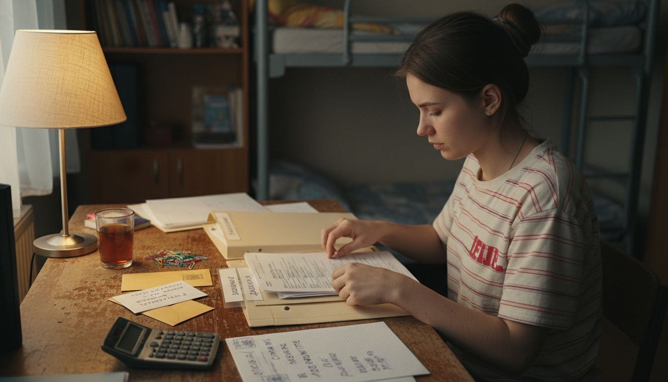 Студент разбирает документы для поступления у себя в общежитии.