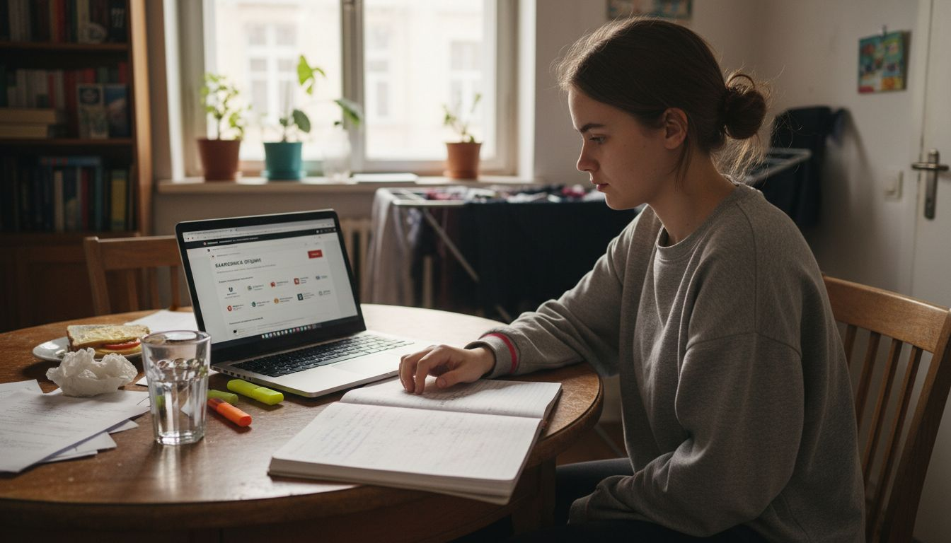 Студент сидит на кухне, листает предложения банков и выбирает, где открыть счет.