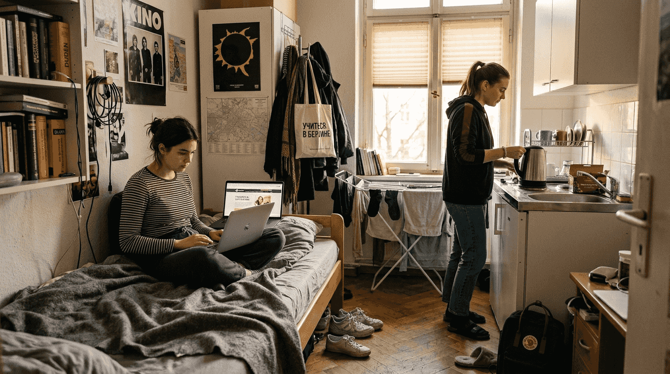 Студент с ноутбуком в общежитии в Германии