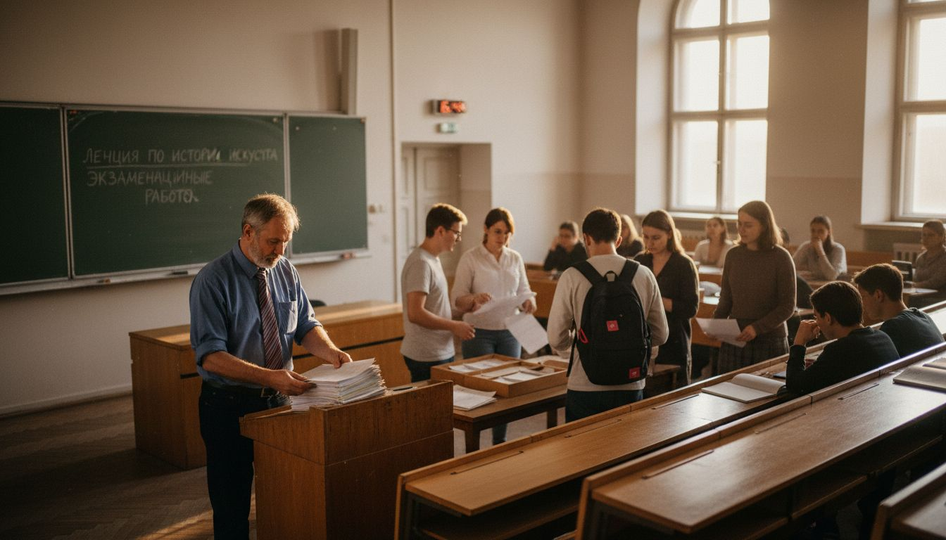 Профессор проверяет экзаменационные работы прямо в аудитории.