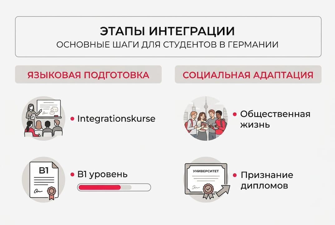 Инфографика: ключевые этапы адаптации студентов в Германии