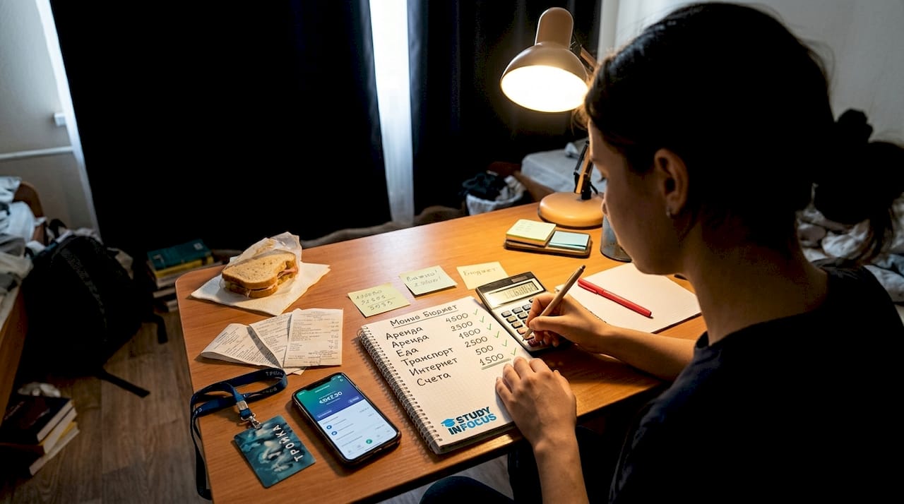 Студент сидит в общежитии и внимательно рассчитывает свои расходы на месяц.