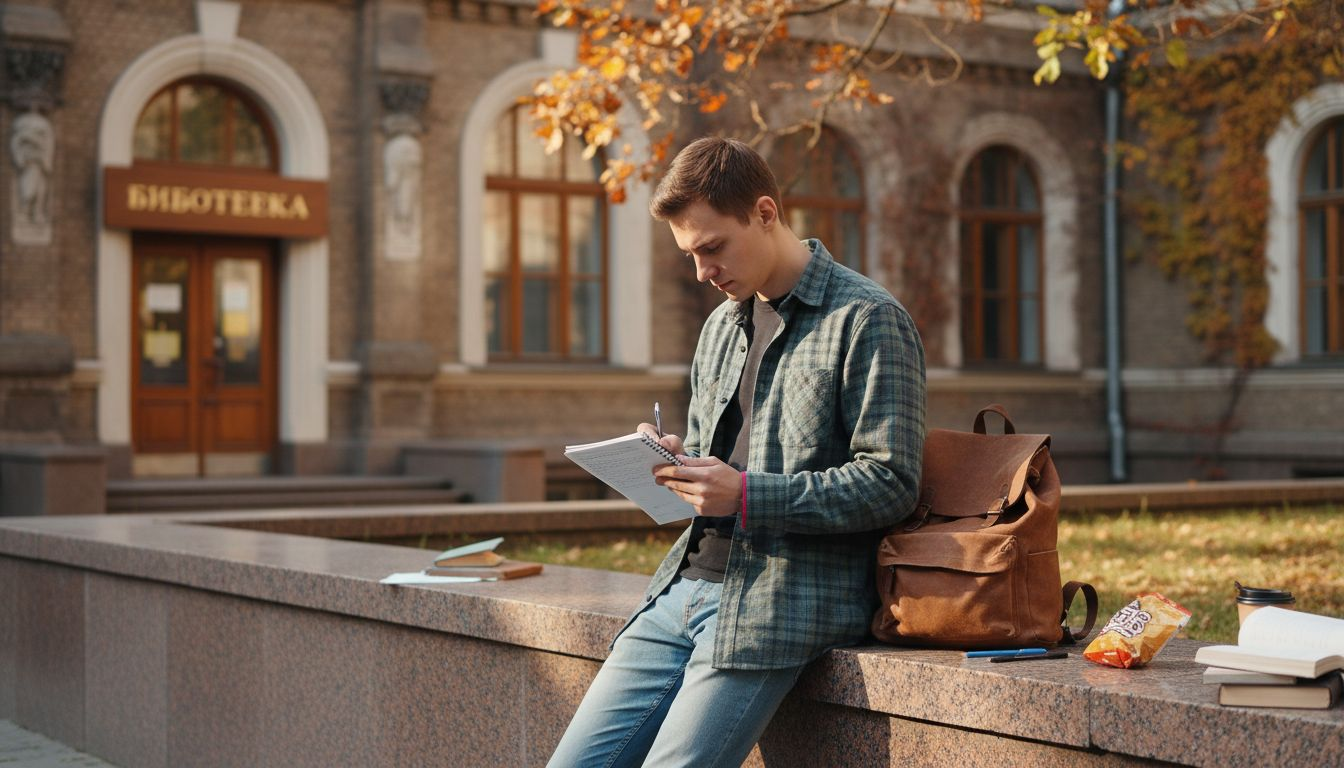 Студент просматривает конспекты во дворе университета