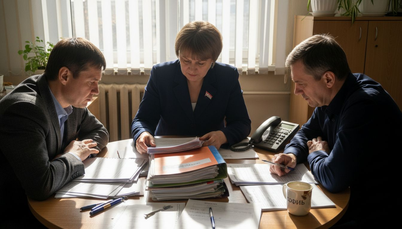 Сотрудники аккредитационной комиссии проверяют документы.