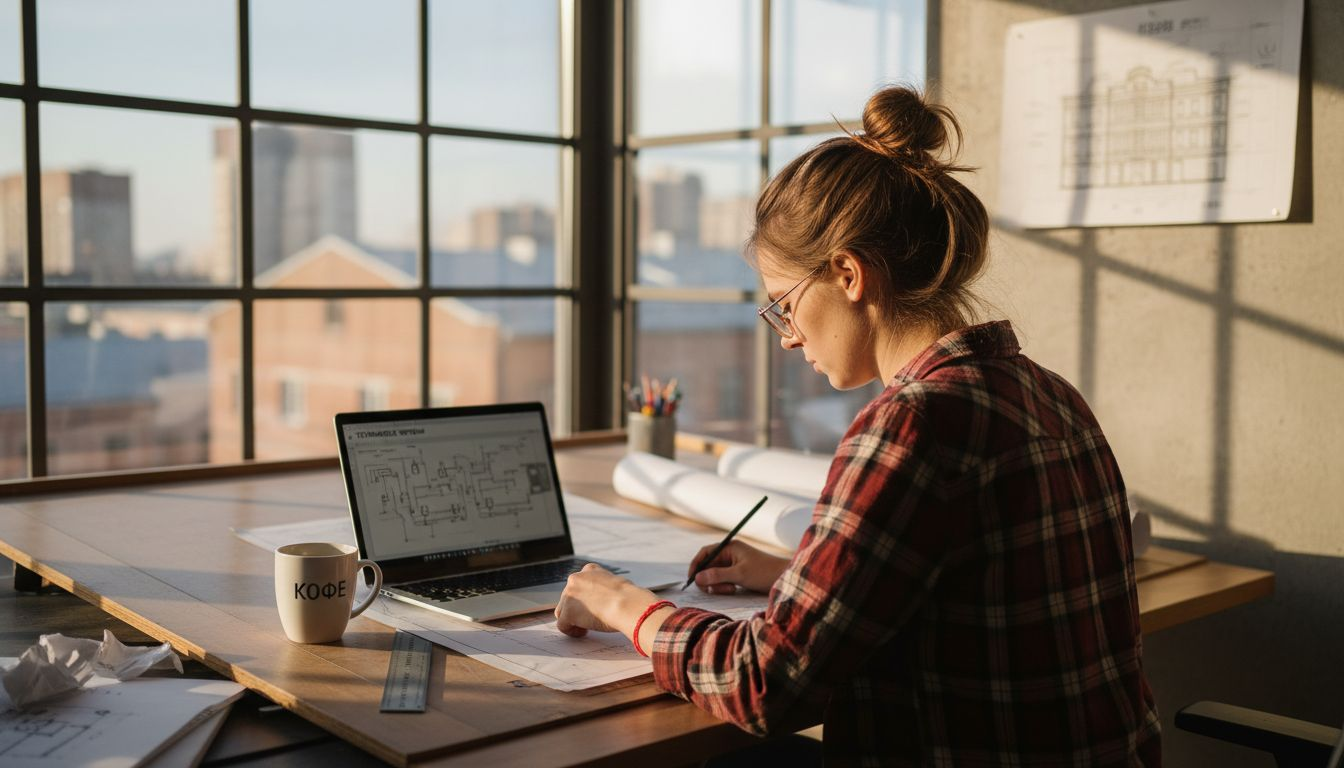 Инженер-девушка внимательно изучает чертежи у себя в офисе.